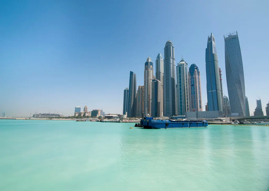 Dubai Marina towers seen from the water by day