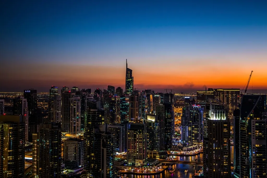 Dubai Marina skyline at sunset seen from above